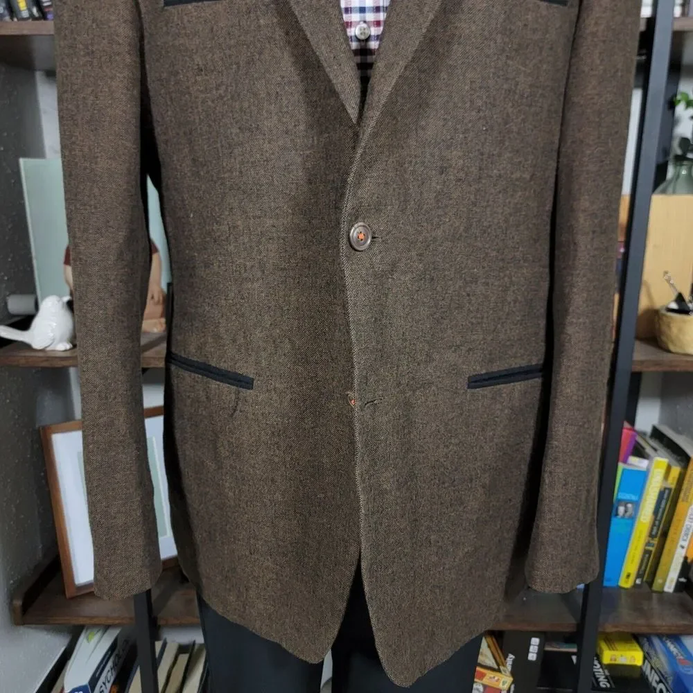 Bruno Conte Don Jonathan Men's Flannel Sport Coat Blazer‎ Two Button Brown XL